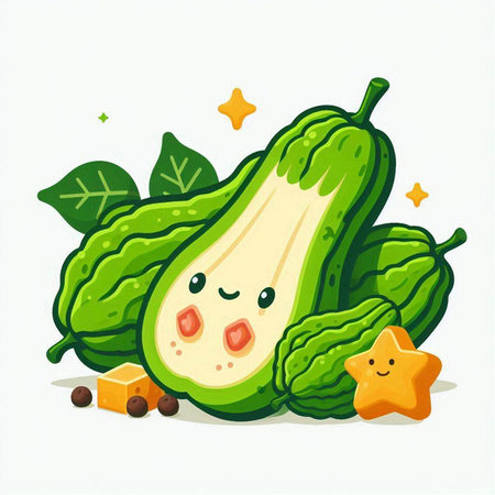 Cute kawaii bitter melon character. Vector illustration.のイラスト素材