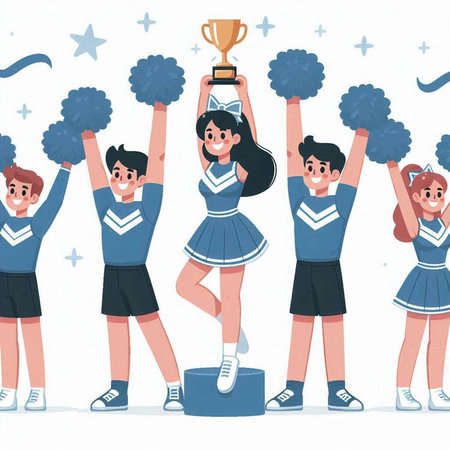 Cheerleaders with trophy on pedestal. Cheerleader team. Vector illustration in cartoon styleのイラスト素材