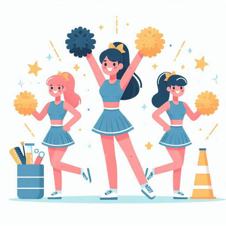 Cheerleaders with pom poms in action. Cheerful girls cheerleading. Vector illustrationのイラスト素材