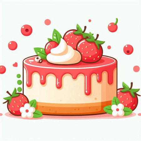 Illustration of a Strawberry Cheesecake with whipped cream and fresh berriesのイラスト素材