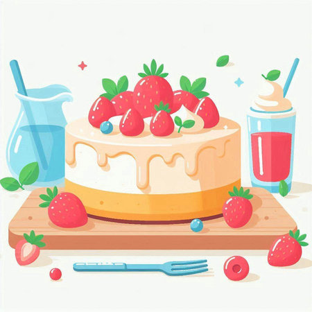 Strawberry cake with whipped cream and fresh berries. Vector illustrationのイラスト素材