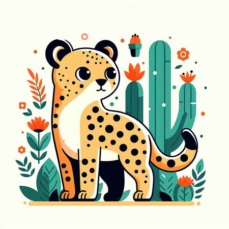 Cute leopard in desert with cacti. Vector illustration.のイラスト素材