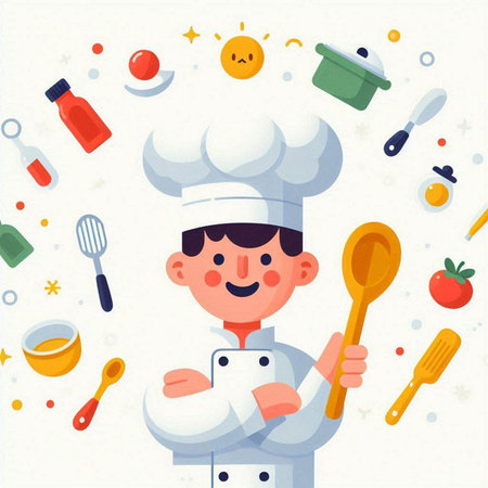 Chef cooking. Vector illustration in flat cartoon style. Cooking concept.のイラスト素材