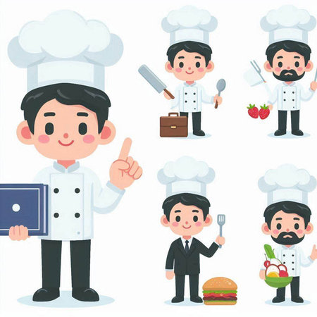 Set of various poses of a male chef and cook, vector illustrationのイラスト素材
