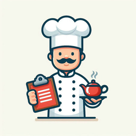 Chef holding a teapot and a menu. Vector illustrationのイラスト素材