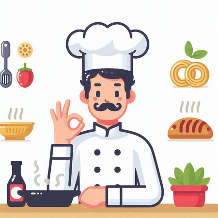 Chef in restaurant kitchen. Vector illustration in flat cartoon style.のイラスト素材