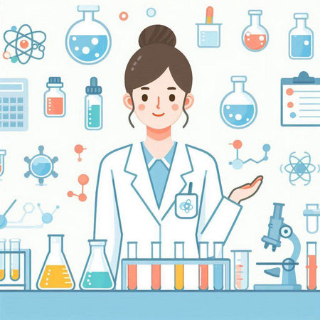 Scientist woman working in laboratory. Vector illustration in flat style.のイラスト素材