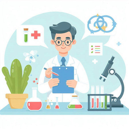 Scientist writing on clipboard in the laboratory. Vector illustration in flat styleのイラスト素材