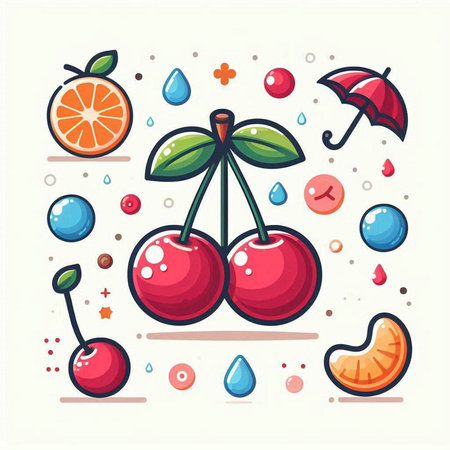 Cherry, orange, lemon, water drop. Vector illustration.のイラスト素材