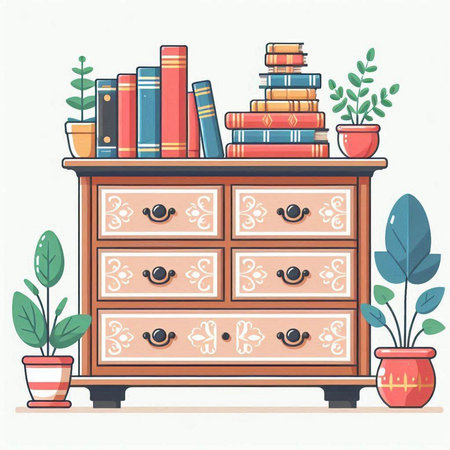 Cartoon illustration of bookshelf with books and plants. Vector illustration.のイラスト素材