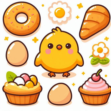 Cute cartoon chicken, eggs, cake and muffin. Vector illustration.のイラスト素材