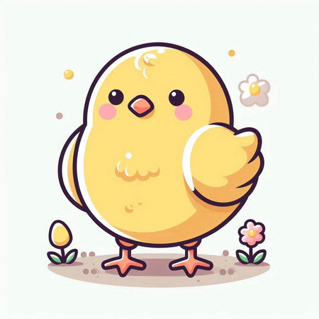 Cute little yellow chicken with flowers. Vector illustration in cartoon style.のイラスト素材