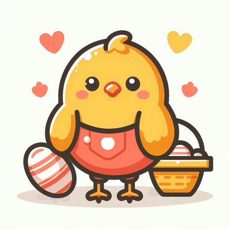 Easter chick with basket of eggs. Cute cartoon vector illustration.のイラスト素材