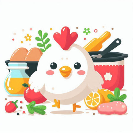 Cute chicken with ingredients for cooking. Vector illustration in cartoon style.のイラスト素材
