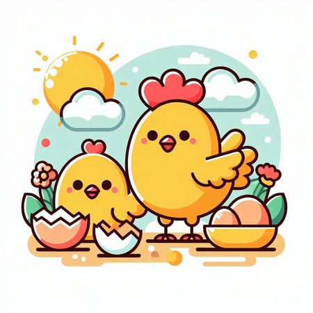 Cute chicken and chick with eggs. Happy Easter. Vector illustrationのイラスト素材