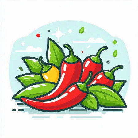Chilli pepper vector illustration. Red hot chili pepper with green leaves.のイラスト素材
