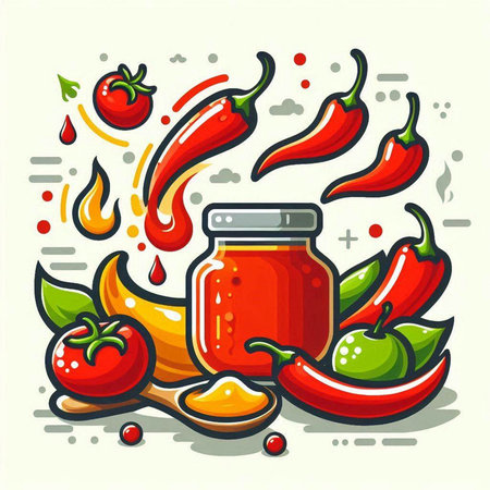 Vector illustration of a jar of hot chili pepper jam and ingredients.のイラスト素材