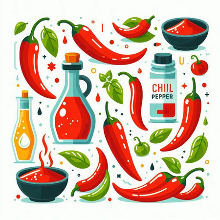 Chilli pepper, oil, vinegar, olive oil. Vector illustration.のイラスト素材