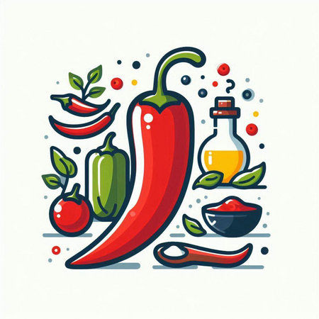 Chili pepper and spices. Vector illustration in flat linear style.のイラスト素材