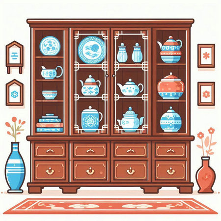 Cupboard with cupcakes and crockery. Vector illustration.のイラスト素材