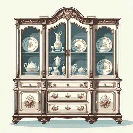 Vintage cupboard with cups and saucers. Vector illustration.のイラスト素材