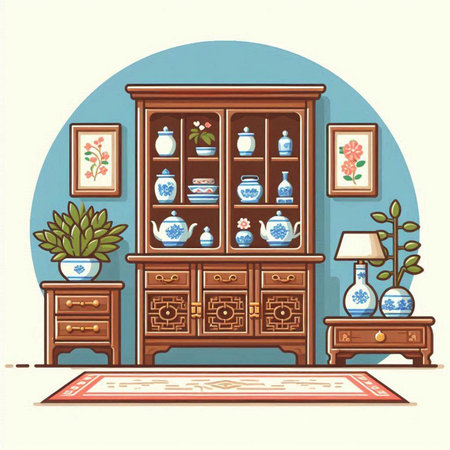 Illustration of a living room interior with a cupboard and a table lampのイラスト素材