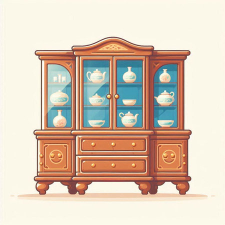 Vintage cupboard with porcelain dishes. Vector illustration.のイラスト素材