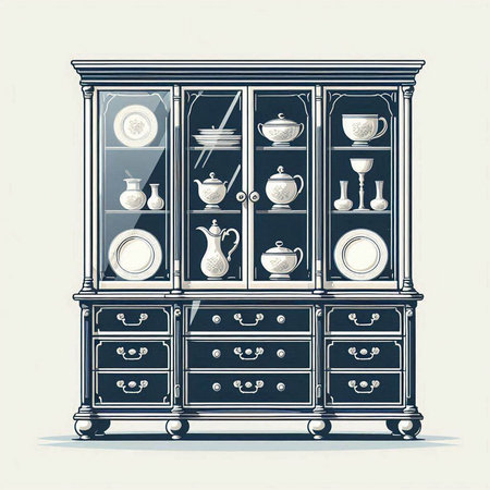 Vintage cabinet with dishes and cups. Vector illustration. Vintage style.のイラスト素材