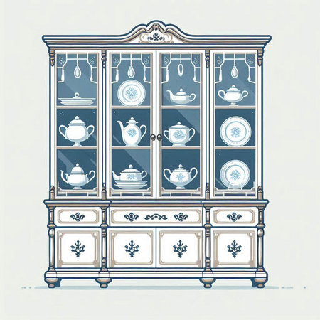 Vintage cupboard with porcelain dishes. Vector illustration.のイラスト素材