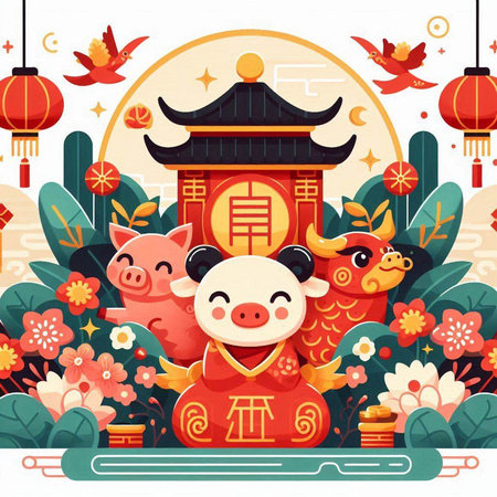 Happy Chinese New Year 2019. Year of the Pig. Vector illustrationのイラスト素材