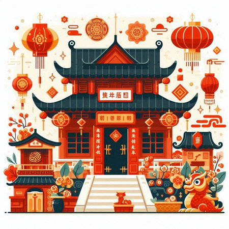 Chinese New Year lanterns and chinese temple. Vector illustration.のイラスト素材