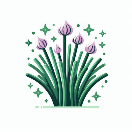 Vector illustration of a bunch of green onions with purple flowers and starsのイラスト素材
