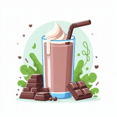 Chocolate milkshake with whipped cream and chocolate bar. Vector illustration.のイラスト素材