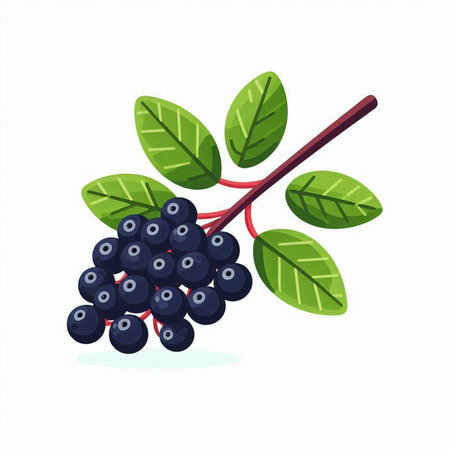 Bunch of ripe blueberries with green leaves. Vector illustration.のイラスト素材
