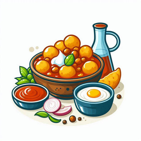 Bowl of chickpeas with sauce and ingredients. Vector illustration.のイラスト素材