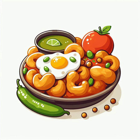 Illustration of a bowl of fried chickpeas with tomato and chili sauceのイラスト素材