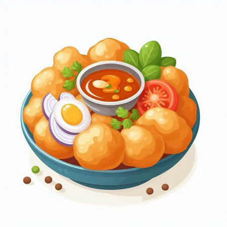 Illustration of a bowl of fried potato balls with tomato, onion and spicy sauceのイラスト素材