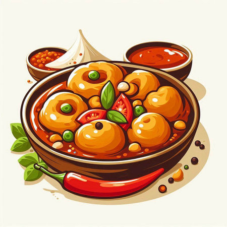 Illustration of a bowl of fish balls with tomato sauce and pepperのイラスト素材