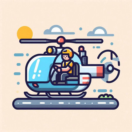 Vector illustration of a man on a helicopter. Flat line style design.のイラスト素材
