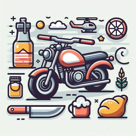 Vector illustration of motorcycle and food. Motorcycle and food in flat style.のイラスト素材