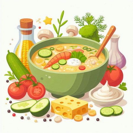 Vector illustration of a bowl of vegetable soup with ingredients for cooking.のイラスト素材
