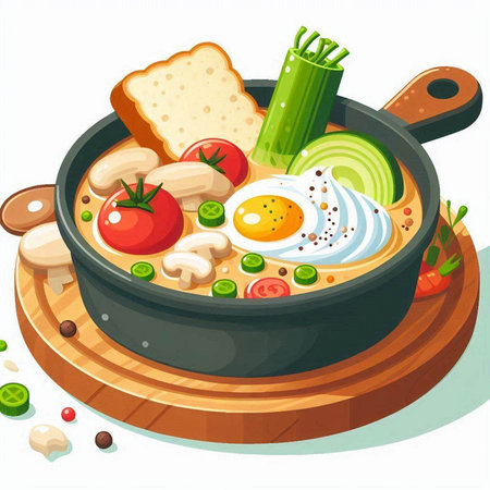Fried eggs with vegetables in a frying pan. Vector illustration.のイラスト素材