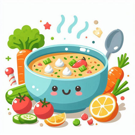 Cute cartoon soup bowl with ingredients for cooking. Vector illustration.のイラスト素材