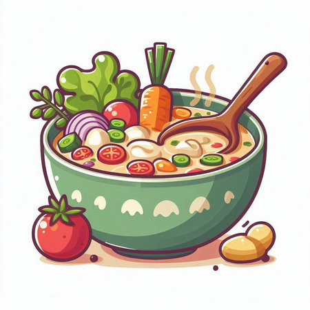 Vector illustration of soup in bowl with spoon and fresh vegetables. Cartoon style.のイラスト素材