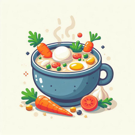 Vector illustration of soup with egg, carrot and parsley in bowl.のイラスト素材