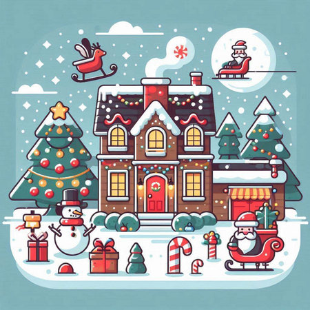 Christmas greeting card with cute house, santa claus and snowman. Vector illustration.のイラスト素材