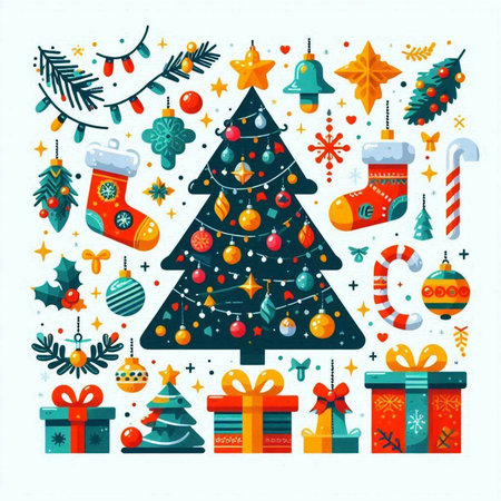 Christmas and New Year greeting card with Christmas tree, presents and decorations.のイラスト素材