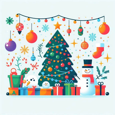 Christmas greeting card with Christmas tree, gifts and snowman. Vector illustration.のイラスト素材