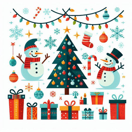 Christmas tree, snowman, gifts and garlands. Vector illustration.のイラスト素材