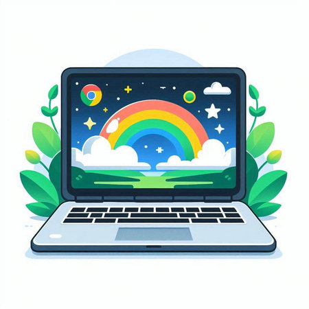 Laptop with rainbow on screen. Vector illustration in flat style.のイラスト素材